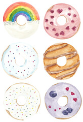 Fototapeta premium Watercolor donuts clipart, sweet food illustration