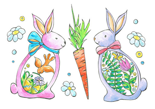 Illustration with easter bunnys. Watercolor picture. Hand drawing.