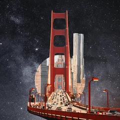 Moderne Stadt mit Wolkenkratzern im Weltraum. Collage mit Kosmos und Astronomie-Thema. Negativer Platz zum Einfügen Ihres Textes. Modernes Design. Zeitgenössische farbenfrohe und konzeptionelle helle Kunst © master1305