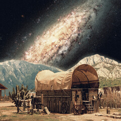 View of stars cluster beyond the mountains. Collage with cosmos and astronomy theme. Negative space to insert your text. Modern design. Contemporary colorful and conceptual bright art collage.