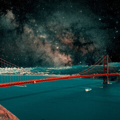 View of stars cluster beyond the city bridge. Collage with cosmos and astronomy theme. Negative...