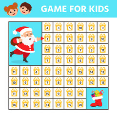 Math Game for kids. Santa Claus. Score from 1 to 20. Preschool worksheet activity. Children funny riddle entertainment for the development of logical thinking. Vector Illustration
