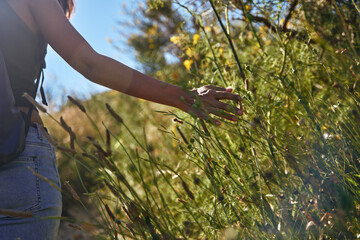 Relaxed lady running her hand through a bush