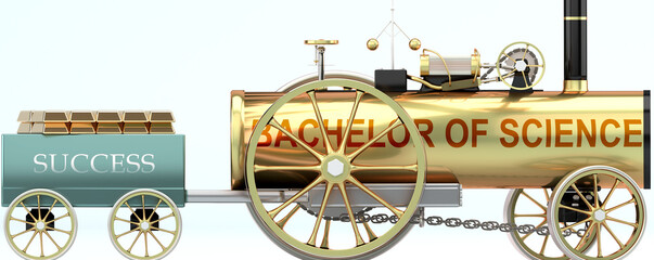 Bachelor of science and success - symbolized by a steam car pulling a success wagon to show that Bachelor of science is essential for prosperity in life, 3d illustration