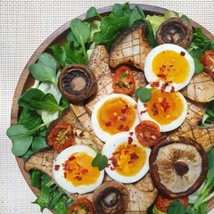 grilled mushroom , egg with vegetable, salad, brunch, fresh meal, diet food, healthy food, green, vegan, tomato
