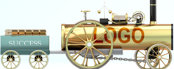 Logo and success - symbolized by a retro steam car with word Logo pulling a success wagon loaded with gold bars to show that Logo is essential for prosperity and success in life, 3d illustration