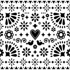 Mexican folk art monochrome seamless vector pattern, design with flowers and birds inspired by traditional ornaments from Mexico
 