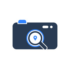 Studio location, camera pin, photography address and location icon. Photo studio map location icon.