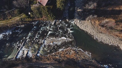 Aerial view autumn mountain river
