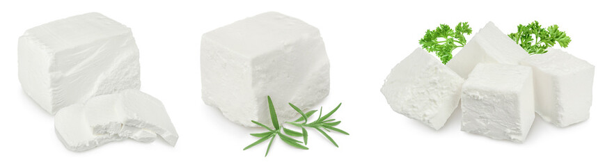 Feta cheese isolated on white background. With full depth of field. Set or collection