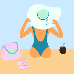 Summer girl sits on the sand on the beach with her back. vector flat illustration of a Girl in a turquoise swimsuit and a big hat on the seashore