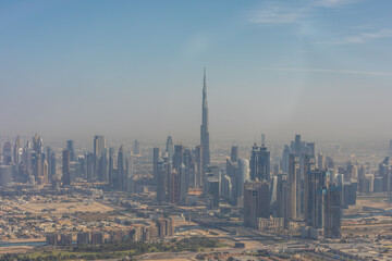 Fototapeta na wymiar DUBAI, UAE - December, 2020: Aerial view from helicopter of the Dubai skyline, United Arab Emirates