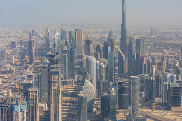 DUBAI, UAE - December, 2020: Aerial view from helicopter of the Dubai skyline, United Arab Emirates