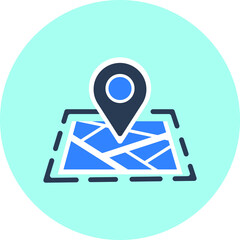 Location icon. Map, home, office location icon. Travel tracking, road map, shop location icon in vector illustration, two color, circle background, black shape.