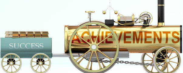Achievements and success - symbolized by a steam car pulling a success wagon loaded with gold bars to show that Achievements is essential for prosperity and success in life, 3d illustration