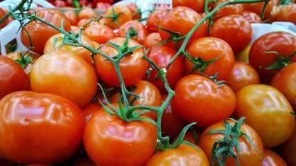 Pile of red tomatoes. Natural food background. Fresh vegetables on farmers market or supermarket. Retail industry. Discount. Grocery shopping. Healthy eating. Greengrocer.