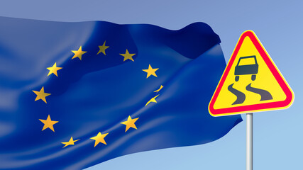 3D illustration.EU flag on blue sky background and road sign in the shape of a triangle with the image of a cars on a slippery road. Deteriorating weather conditions in Europe, heavy snowfall 