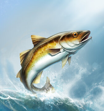 Alaska Pollock, Mintai fish jumping out of water illustration isolate realistic. Mintai fish on the background of the waves of the open ocean.