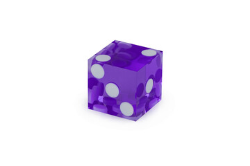 One purple glass dice isolated on white with light shadow. The result is two, macro photography. Blank for the designer.