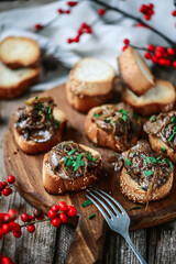 Rabbit liver crostini appetizer.style rustic
