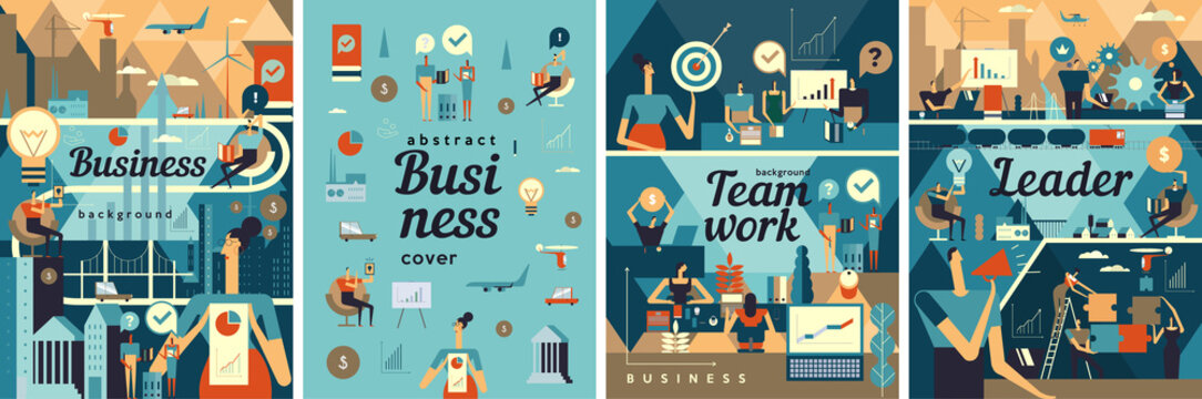 Business illustration. Set of flat vector illustrations. Business processes, teamwork, office work. Large panorama with cityscapes and business people.