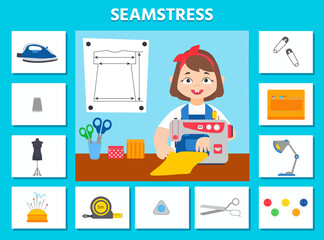 Game for kids. Seamstress. Profession cards. Preschool worksheet activity. Children funny riddle entertainment for the development of logical thinking. Vector Illustration