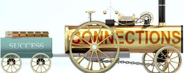 Connections and success - symbolized by a steam car pulling a success wagon loaded with gold bars to show that Connections is essential for prosperity and success in life, 3d illustration