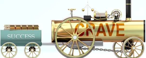 Crave and success - symbolized by a retro steam car with word Crave pulling a success wagon loaded with gold bars to show that Crave is essential for prosperity and success in life, 3d illustration