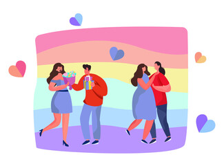 Fototapeta na wymiar Gay and Lesbian Holding Rainbow Love Flag.LGBT Gay Pride.Homosexual People on Valentines Day.Sexual Orientation.LGBT Community Support.Human Rights.Sexuality Identity.Flat Cartoon Vector Illustration.
