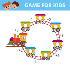 Math game for kids. Train. Counting skills to 10. Educational kids activity. Workbook for children. Vector illustration