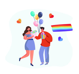 Gay and Lesbian Holding Rainbow Love Flag.LGBT Gay Pride.Homosexual People on
Valentines Day.Sexual Orientation.LGBT Community Support.Human Rights.Sexuality Identity.Flat Cartoon Vector Illustration.