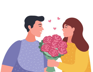 Vector illustration with woman hugging bouquet of flowers and man. Concept of Valentine's Day, love, relationship. Happy family. Couple in love for greeting cards