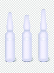 A set of three ampoules of different heights for sterile medicines, including vaccines. Vector illustration.