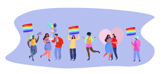 Gay and Lesbian Holding Rainbow Love Flag.LGBT Gay Pride.Homosexual People on
Valentines Day.Sexual Orientation.LGBT Community Support.Human Rights.Sexuality Identity.Flat Cartoon Vector Illustration.