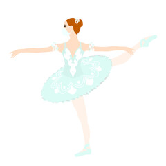 Ballerina qurantine, coronavirus, in white medical face mask. Sport exercise, ballet pose. Vector isolated painting art