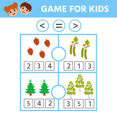 Math game for kids. Comparison, more less equal. Educational page for little children. Pine and birch and their fruits. Worksheet vector design for children