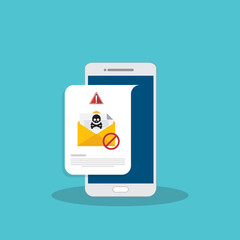 Mobile phone with email, envelope with black document and skull icon notification. Virus, malware, email fraud, e-mail spam, phishing scam, hacker attack concept. Vector illustration  © madedee