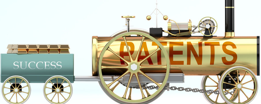 Patents and success - symbolized by a steam car pulling a success wagon loaded with gold bars to show that Patents is essential for prosperity and success in life, 3d illustration