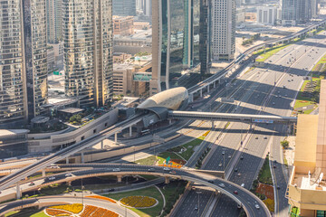 DUBAI, UAE - December, 2020: Dubai skyline with beautiful city close to it's busiest highway on traffic