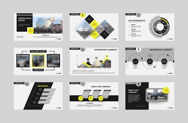 Abstract white, yellow presentation slides. Modern brochure cover design. Fancy info banner frame. Creative infographic elements set. Urban city font. Vector title sheet model. Ad flyer style template