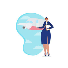 Air hostess or flight attendant  presenting her company services. Air hostess in uniform with red neckerchief . Isolated flat vector illustration