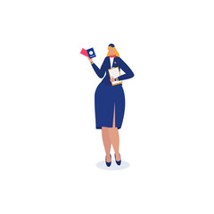 Air hostess or flight attendant  presenting her company services. Air hostess in uniform with red neckerchief . Isolated flat vector illustration