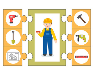 Game for kids. Pazl. Construction concept set all of tools supplies for house repair and builder. Preschool worksheet activity for children. Vector illustration