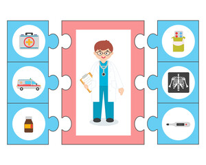 Game for kids. Pazl. Medicine educational activity. Profession doctor. Preschool worksheet activity for children. Vector illustration