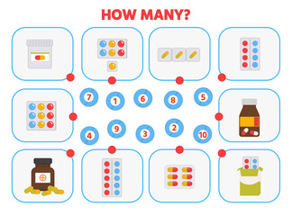 Maze puzzle task for the development of logical thinking. Educational game for children. How many pills? Medicine counting worksheet. Vector illustration