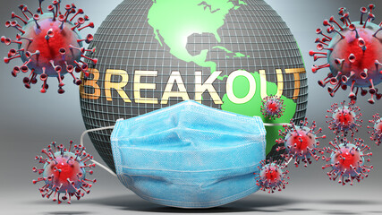 Breakout and covid - Earth globe protected with a blue mask against attacking corona viruses to show the relation between Breakout and current events, 3d illustration