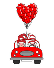 Love card. Gnome couple in car with many balloons in the shape of hearts.