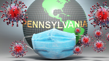 Pennsylvania and covid - Earth globe protected with a blue mask against attacking corona viruses to show the relation between Pennsylvania and current events, 3d illustration