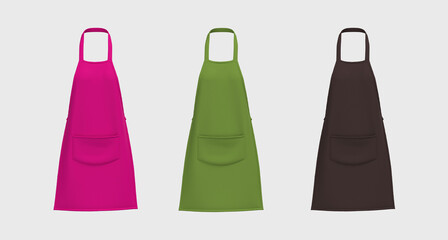 Blank  aprons mockup in front and side views, design presentation for print, 3d illustration, 3d rendering