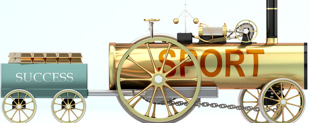 Sport and success - symbolized by a retro steam car with word Sport pulling a success wagon loaded with gold bars to show that Sport is essential for prosperity and success in life, 3d illustration